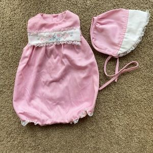 Vintage newborn bubble romper with matching bonnet from the 80’s.